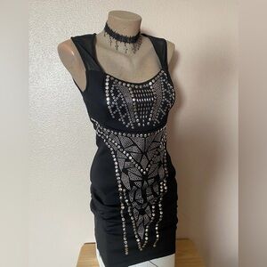Black Bodycon Mini Dress with Mesh & Silver Stud Detail